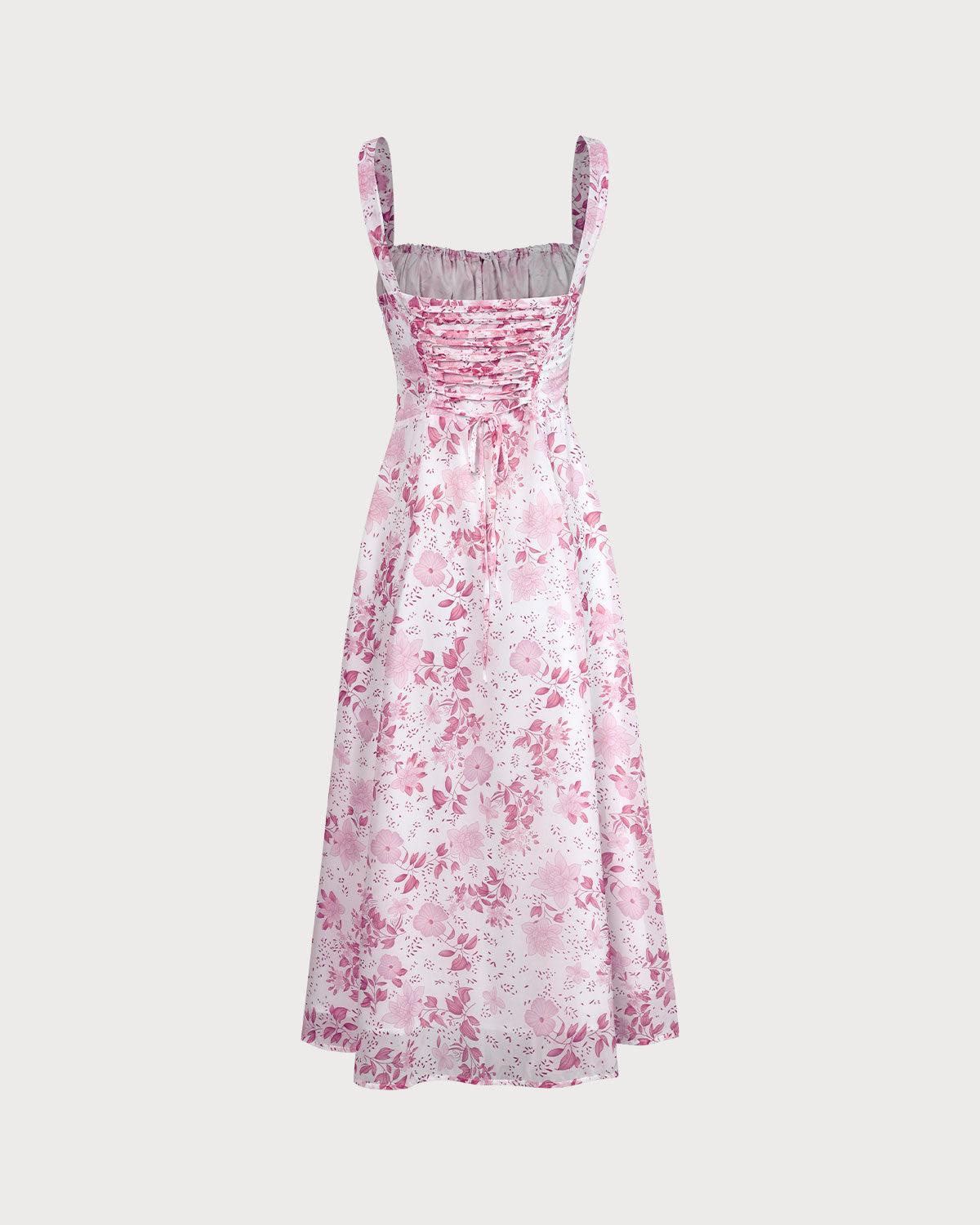 De roze midijurk met vierkante hals, bloemenprint en ruches