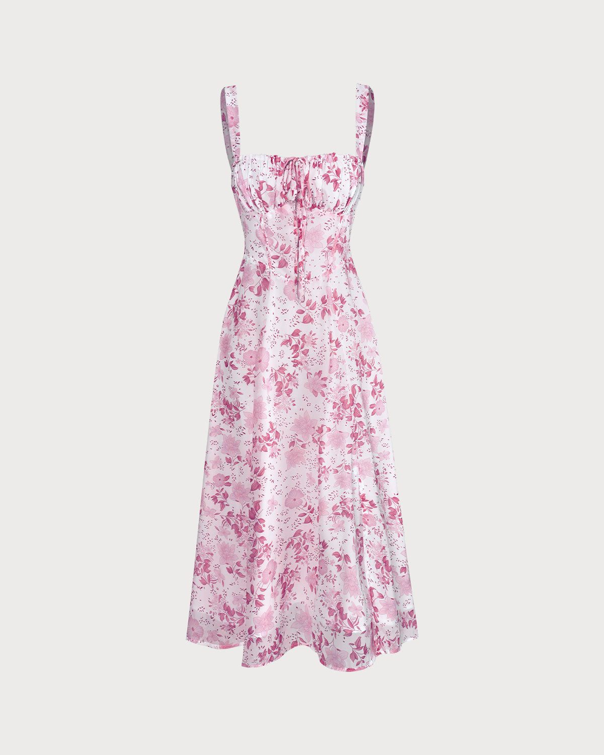 De roze midijurk met vierkante hals, bloemenprint en ruches