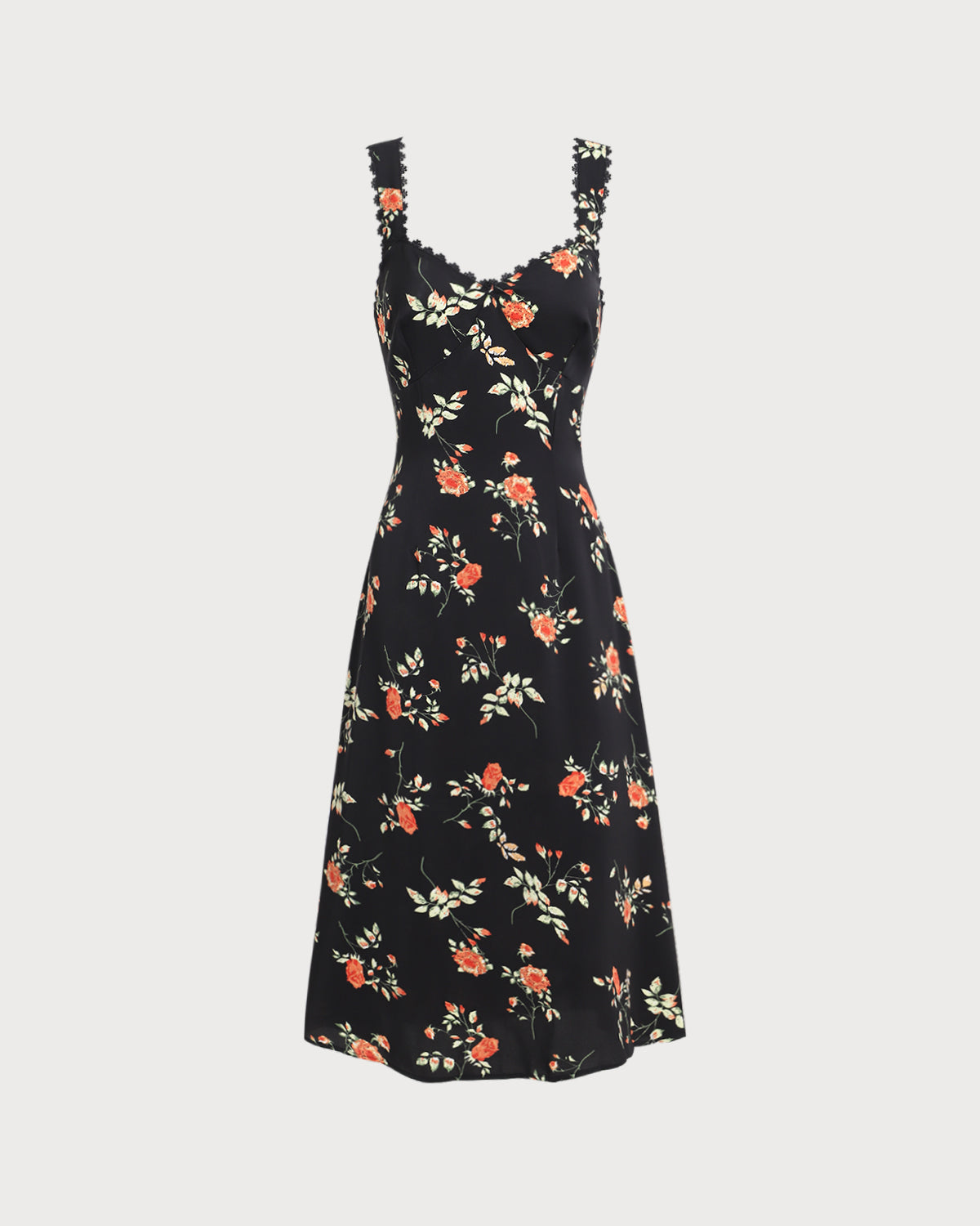 Zwart bloemenjurk met ruches en spaghetti bandjes in maxi-lengte