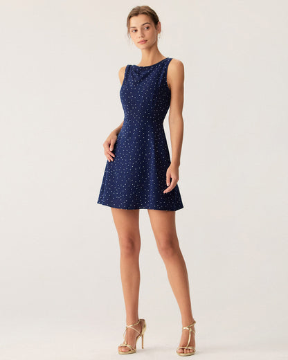 Blauwe Polka-Dot Mouwloze Cut-Out Mini-jurk