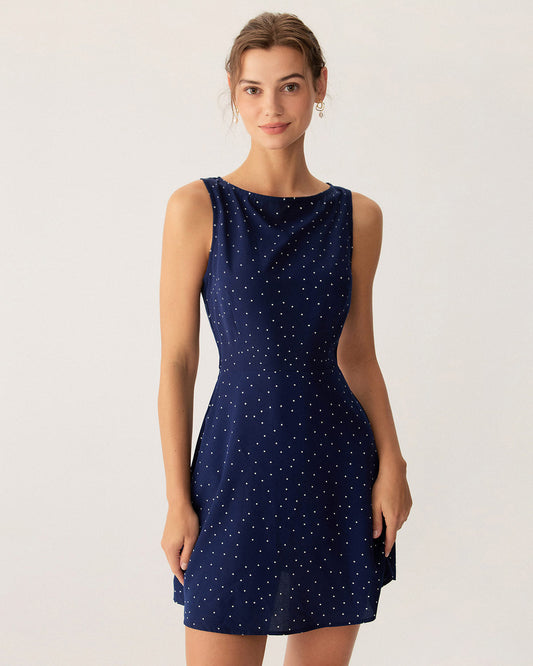 Blauwe Polka-Dot Mouwloze Cut-Out Mini-jurk