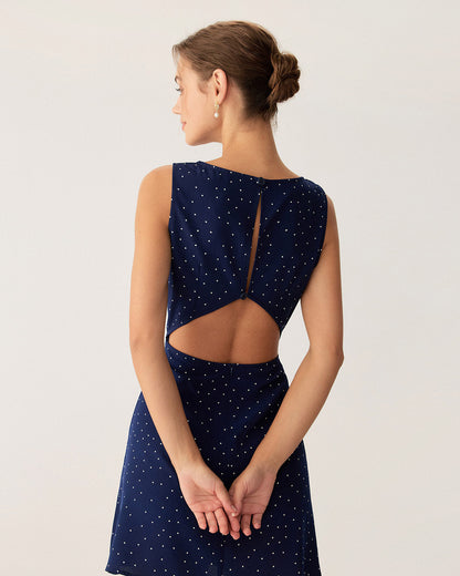 Blauwe Polka-Dot Mouwloze Cut-Out Mini-jurk