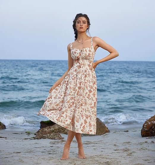 Beige Oranje Bloemenjurk