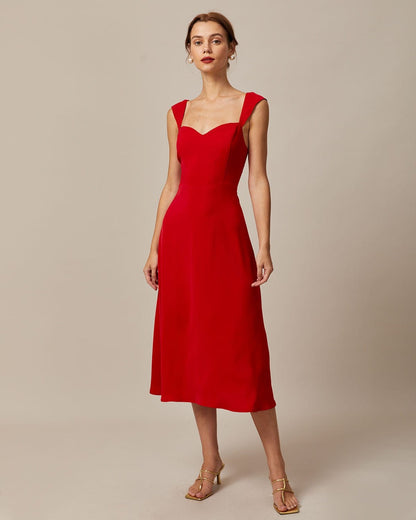 De rode midi-jurk met sweetheart-hals en capmouwtjes