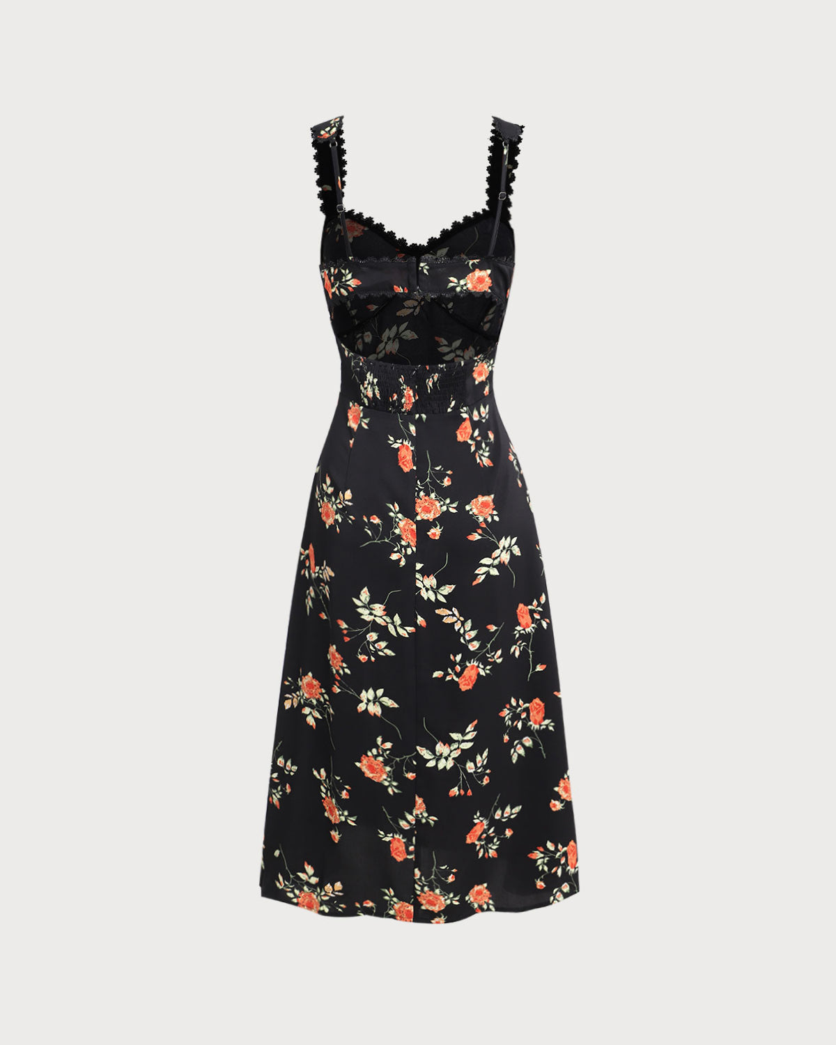 Zwart bloemenjurk met ruches en spaghetti bandjes in maxi-lengte